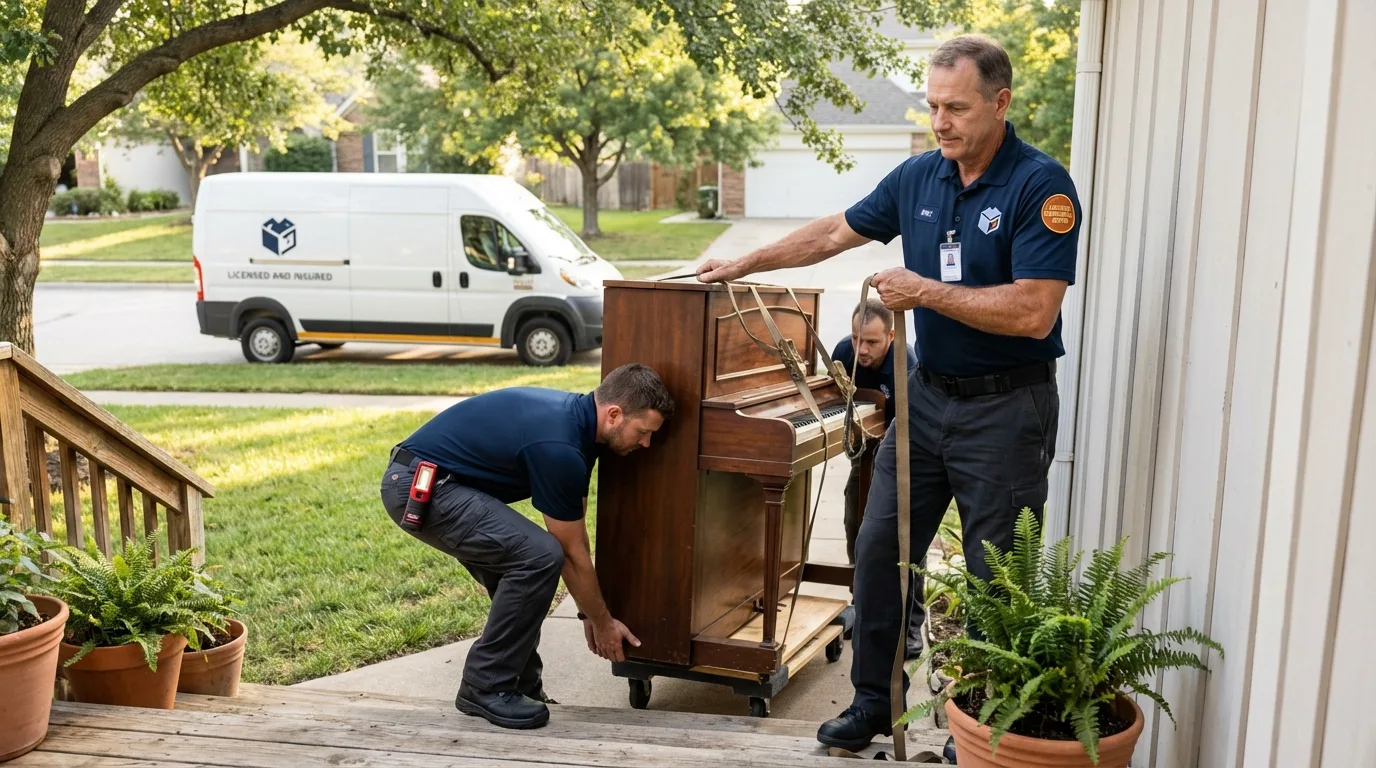 Licensed piano movers securing grand piano in Lexington, VA