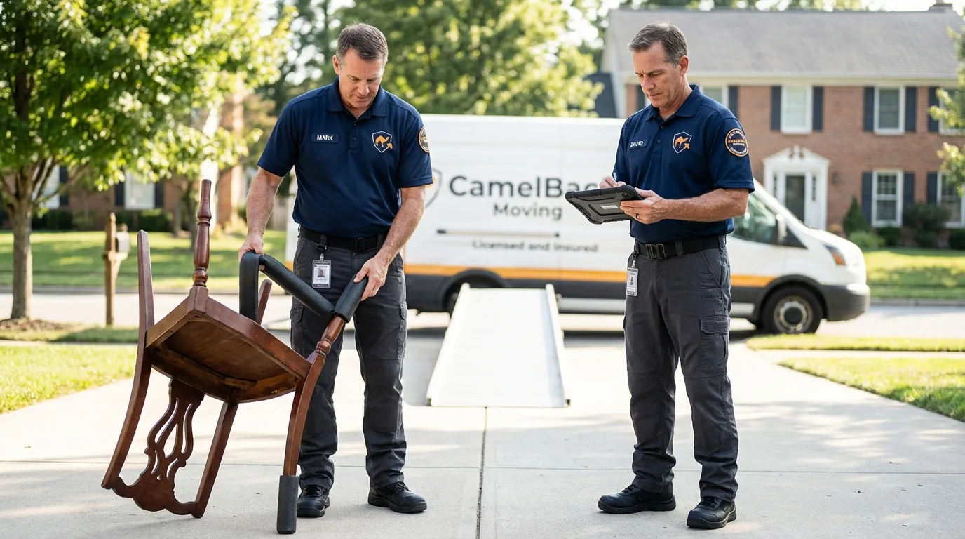 Movers inspecting furniture for damage prevention before loading in Lexington, VA
